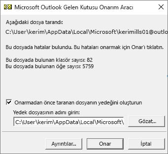 Microsoft Gelen Kutusu Onarma aracı (SANPST.EXE) kullanılarak taranan Outlook .pst veri dosyasının sonuçlarını gösterir