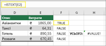 Клітинка F2 з формулою =ISTEXT(E2) і результатом TRUE