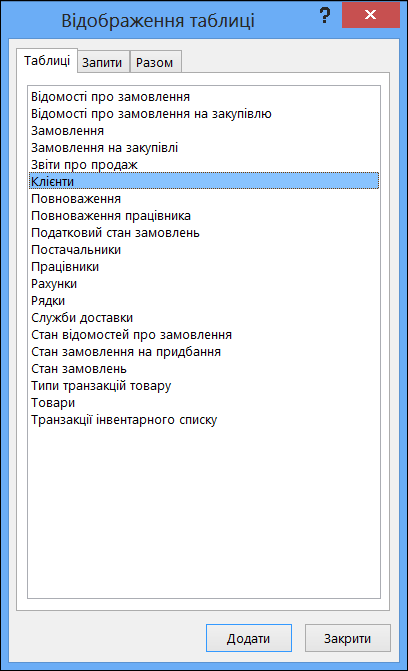 Діалогове вікно "Відображення таблиці" в програмі Access з відображеними іменами таблиць