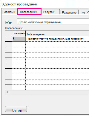 Вікно «Відомості про завдання», у якому відображається вкладка «Попередники».