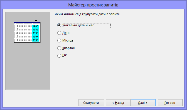 У діалоговому вікні майстра простих запитів виберіть спосіб групування дат у запиті.