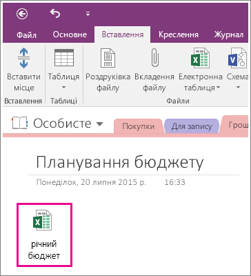 Знімок екрана: вкладена електронна таблиця в програмі OneNote 2016