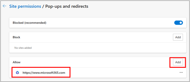 Дізнайтеся, як додати www.microsoft365.com до списку дозволених для спливаючих компонентів і переспрямування в розділі Дозволи сайту в Microsoft Edge.