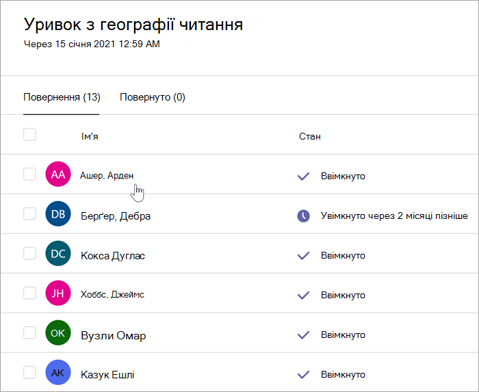 Знімок екрана: область оцінювання викладачів: географічний уривок читання., термін дії 15 січня 2021 року 12:59 ранку містить дві вкладки, які можна повернути (13) і повернуто (0). Буде виділено подання вкладки "Повернутися" та відображено два стовпці, імена та стан. Список імен учнів і станів: "звернувся" з запізненням на 2 місяці" та "Переглянуто"