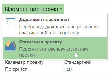 Параметри розкривного списку "Відомості про проект"