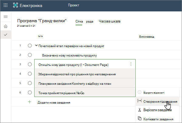 Виділення меню "створити підзавдання" в межах проекту в програмі Project