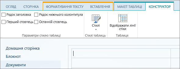 Знімок екрана зі стрічкою SharePoint Online. Скористайтеся вкладкою "Конструктор", щоб установити прапорці для рядків заголовка та нижнього колонтитула, а також першого та останнього стовпців у таблиці, вибрати стилі таблиці та визначити, чи потрібно відображати лінії сітки.