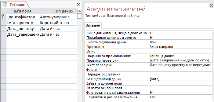 Правило перевірки таблиці в конструкторі таблиць Access