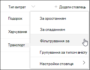 SharePoint Параметр меню "Фільтр заголовків стовпців за"