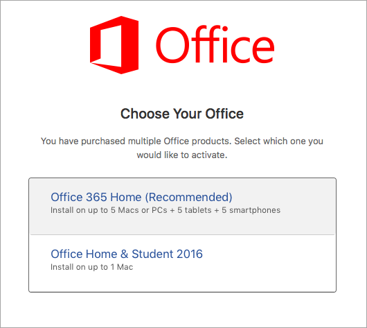 Виберіть тип ліцензії "Office 2016 для Mac".