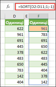 У цьому прикладі показано, як відсортувати діапазон значень за спаданням.