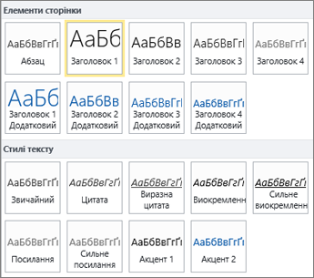 Знімок екрана: розділи "Елементи сторінки" та "Стилі тексту", доступні в групі "Стилі"на стрічці SharePoint Online