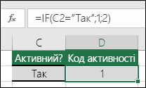 Клітинка D2 містить формулу =IF(C2="Так";1;2)