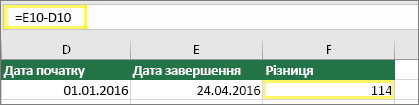 Клітинка D10 зі значенням 01.01.2016, клітинка E10 зі значенням 24.04.2016, клітинка F10 із формулою =E10-D10 і результатом 114