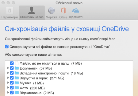 Діалогове вікно "Синхронізація папок" у OneDrive для Mac