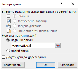 У діалоговому вікні "Імпорт даних" виберіть, куди слід помістити дані – на наявний аркуш (за замовчуванням) чи на новий.