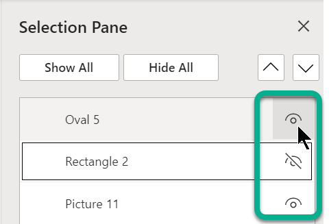 В області виділення використовуйте символ "око" праворуч від будь-якого об'єкта, щоб відобразити або приховати його.