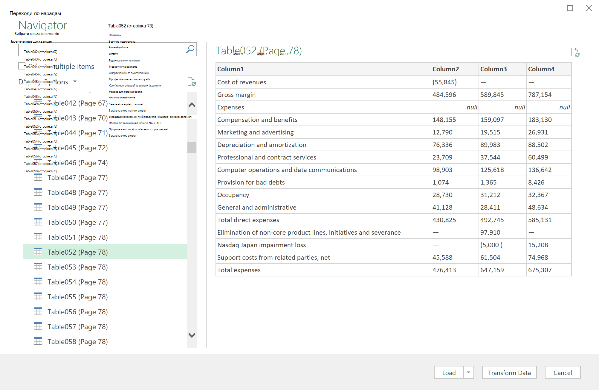 The Navigator dialog box for importing PDF data