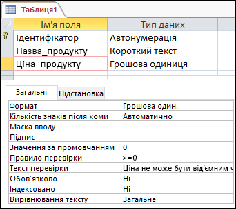 Правило перевірки поля в конструкторі таблиць Access