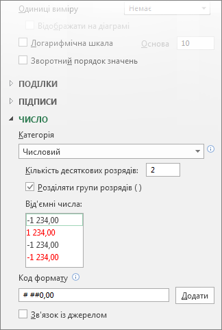 Параметри формату чисел для осі значень