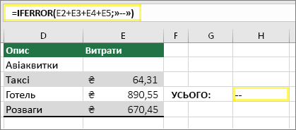 Клітинка H4 з формулою =IFERROR(E2+E3+E4+E5;"--")