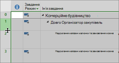 Знімок екрана: подання діаграми Ганта з курсором на роздільнику рядків