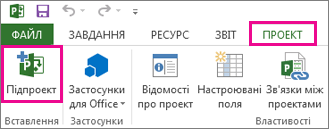 Вкладка ''Проект'' на стрічці, де відображено команду вставлення підпроекту.