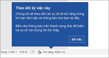 Thanh trạng thái hiển thị Bộ kiểm tra Trợ năng đang chạy