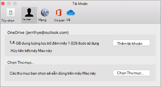 Ảnh chụp màn hình khi thêm tài khoản OneDrive chọn trên máy Mac