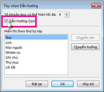 Lệnh Dẫn hướng Thu gọn trong hộp thoại Tùy chọn Dẫn hướng