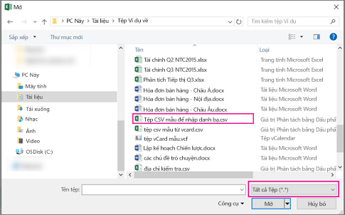 Để tìm tệp .csv, hãy đảm bảo tìm kiếm Tất cả các tệp.