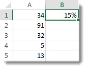Số trong cột A, trong các ô từ A1 đến A5, 15% trong ô B1