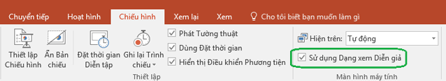 Tab Trình Chiếu trong PowerPoint có một hộp kiểm để kiểm soát xem Dạng xem Diễn giả có được sử dụng khi bạn hiển thị bản trình bày cho mọi người hay không.