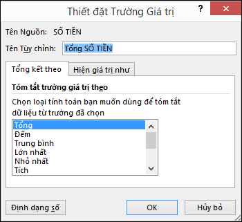 Hộp thoại Thiết đặt Trường Giá trị trong Excel cho các tùy chọn Tóm tắt Giá trị Theo