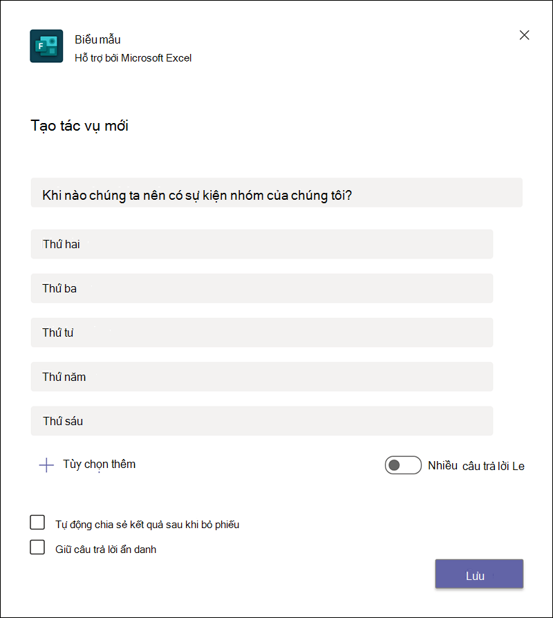Tạo cuộc thăm dò ý kiến mới trong Microsoft Teams.