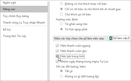 Hiển thị tab trang tính trong tùy chọn Excel