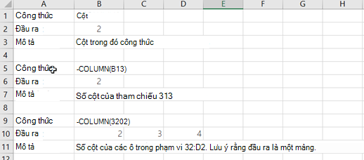 Ví dụ về hàm COLUMN