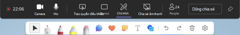 Menu thả xuống từ công cụ Chú thích trong cuộc họp Teams.