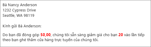 Tài liệu phối thư cho biết "số tiền đóng góp của bạn là $50,00" và "tặng bạn một khoản chiết khấu 20 %".