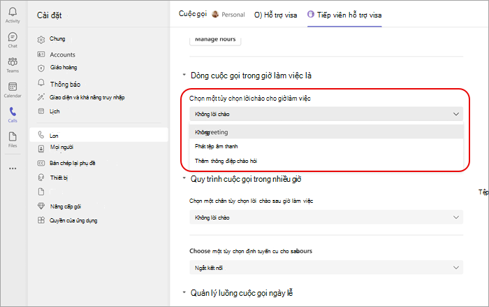 Ảnh chụp màn hình hiển thị menu tùy chọn lời chào cho giờ làm việc