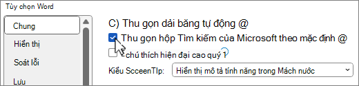 Hộp thoại Tùy > Chọn Tệp hiển thị tùy chọn Thu gọn hộp Tìm kiếm microsoft theo mặc định.