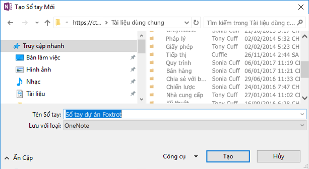 Hộp thoại Tạo sổ tay mới trong OneNote for Windows 2016