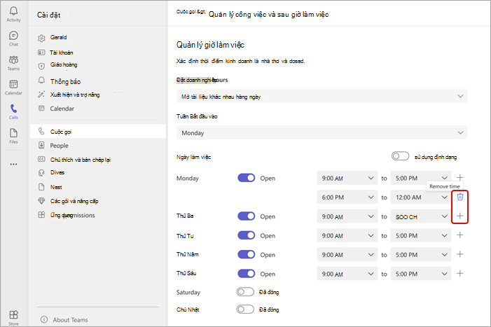Ảnh chụp màn hình hiển thị cách chỉnh sửa giờ làm việc cho các ngày trong tuần