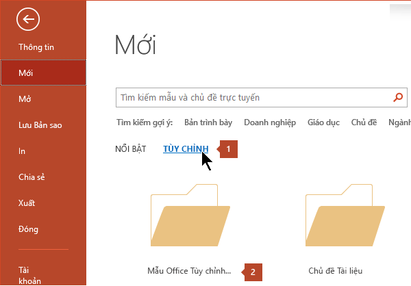 Dưới Tệp > Mới, hãy bấm Tùy chỉnh rồi bấm Mẫu Office Tùy chỉnh.