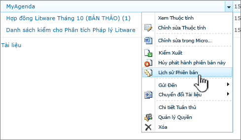 Menu thả xuống từ tài liệu với lịch sử phiên bản được tô sáng