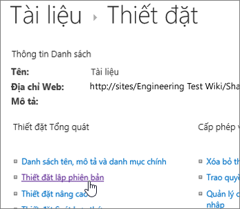 Hộp thoại Thiết đặt thư viện với Lập phiên bản được chọn.