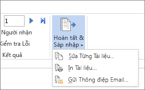 Ảnh chụp màn hình tab Gửi thư trong Word, hiển thị lệnh Kết thúc & Phối cùng các tùy chọn.