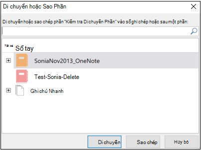 Hộp thoại Di chuyển hoặc sao chép mục trong OneNote for Windows 2016