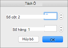 Ảnh chụp màn hình hiển thị hộp thoại Tách Ô với các tùy chọn để đặt số cột và số hàng.