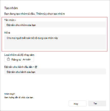 Ảnh chụp màn hình cửa sổ Tạo nhóm. Nó bao gồm một khu vực để thêm tên nhóm, mô tả và loại. Bạn cũng có thể tạo tên kênh đầu tiên của mình.